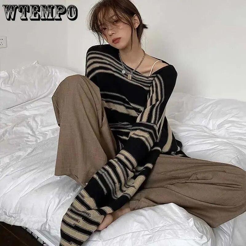 Полосатый вязаный свитер, женский винтажный свободный пуловер, полосатый топ с круглым вырезом и длинными рукавами, уличный трикотаж, Sueter Mujer, джемпер, весна-осень