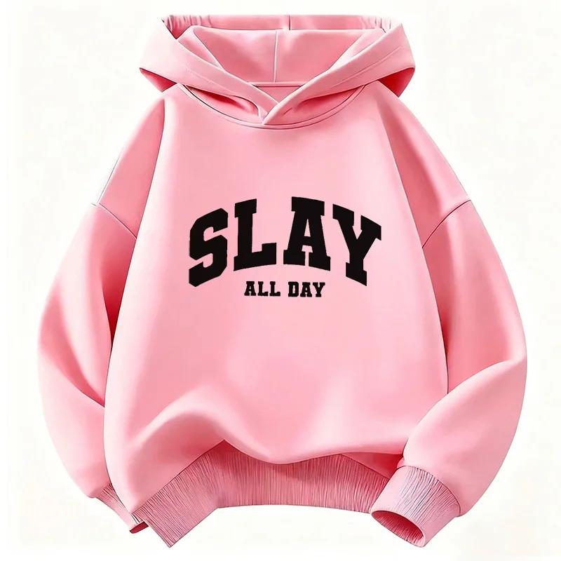 Sweat à capuche imprimé avec des lettres Fashion Slay All Day pour enfants, garçons et filles, sweat-shirt décontracté pour