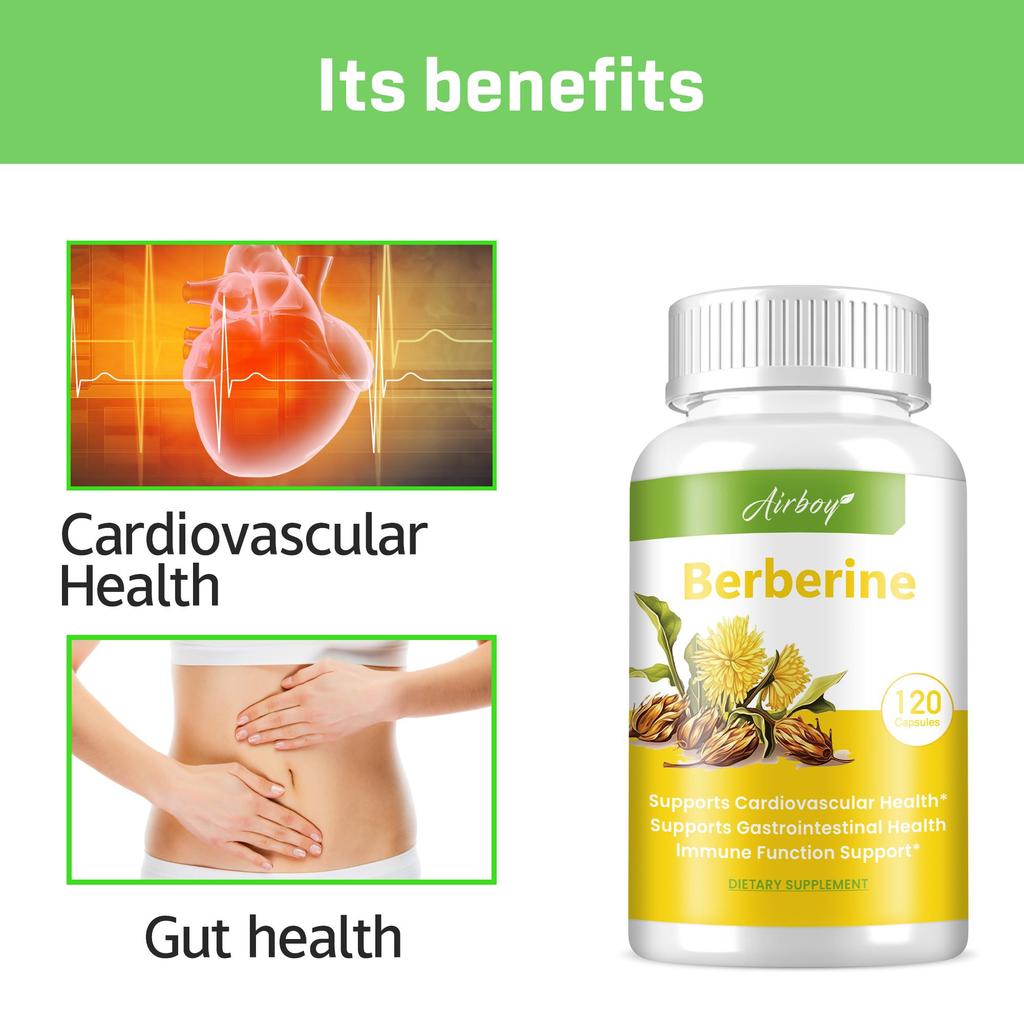 Berberine supplement, maintains heart health, promotes metabolism, and supports cardiovascular and gastrointestinal immune function, 120 capsules.