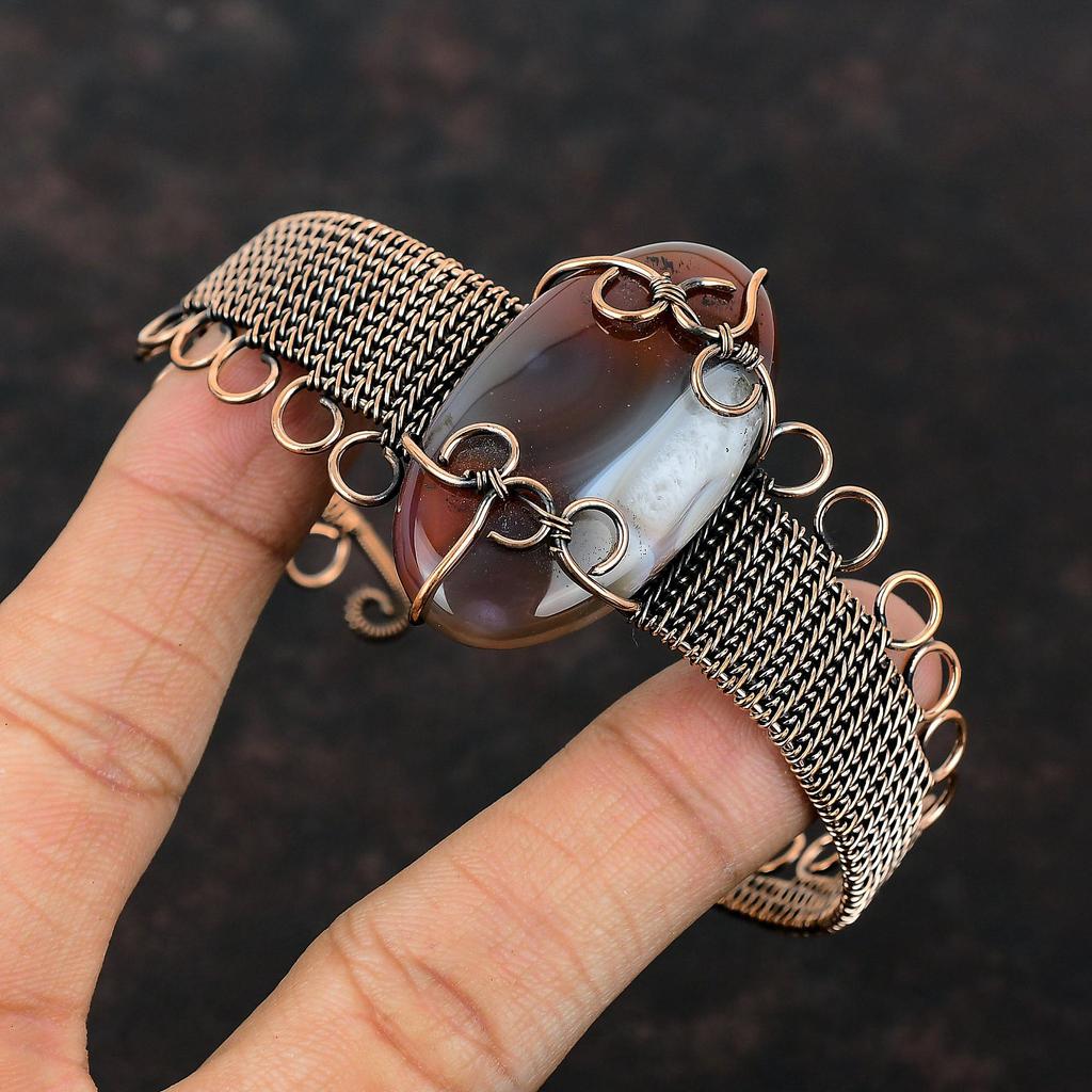 Браслет-манжета из агата Монтана, браслет из медной проволоки, регулируемый браслет-манжета, ручная работа, медные украшения, браслет с драгоценными камнями, подарок для женщин