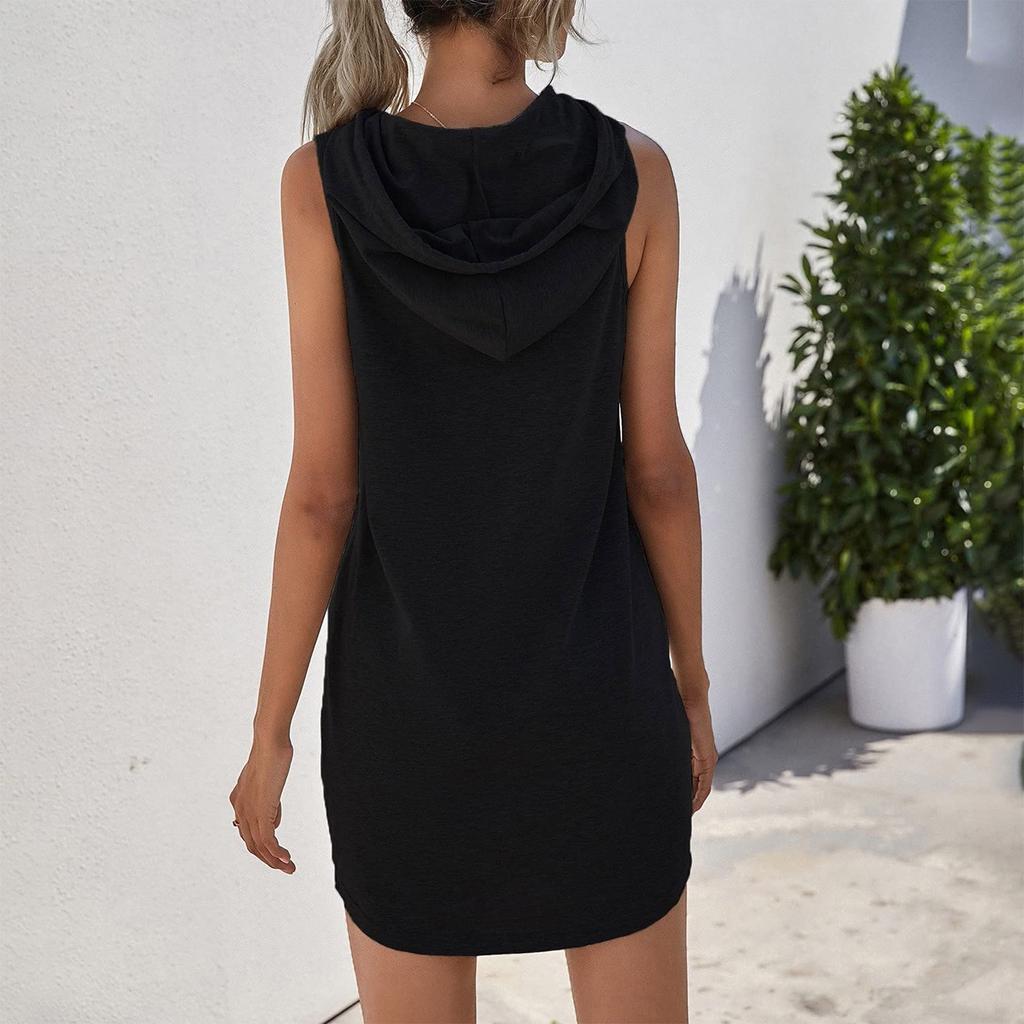 Women's Hoodie Drawstring Sports Casual Solid Sleeveless Slim Fit Dress