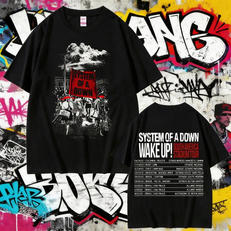 2025 Лето System of A Down Wake Up Tour Футболки Унисекс Женские Винтажные Рок Оверсайз 90-е Альтернативный Металл Мерч Повседневная Футболка