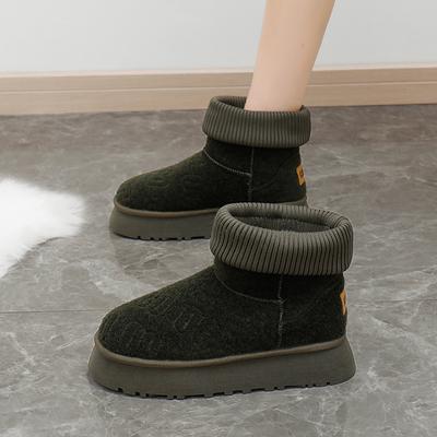 Обувь для женщин 2024 Новые Высококачественные Слипоны До середины икры Теплые Женские Сапоги Однотонные Круглый носок Флок Низкий каблук