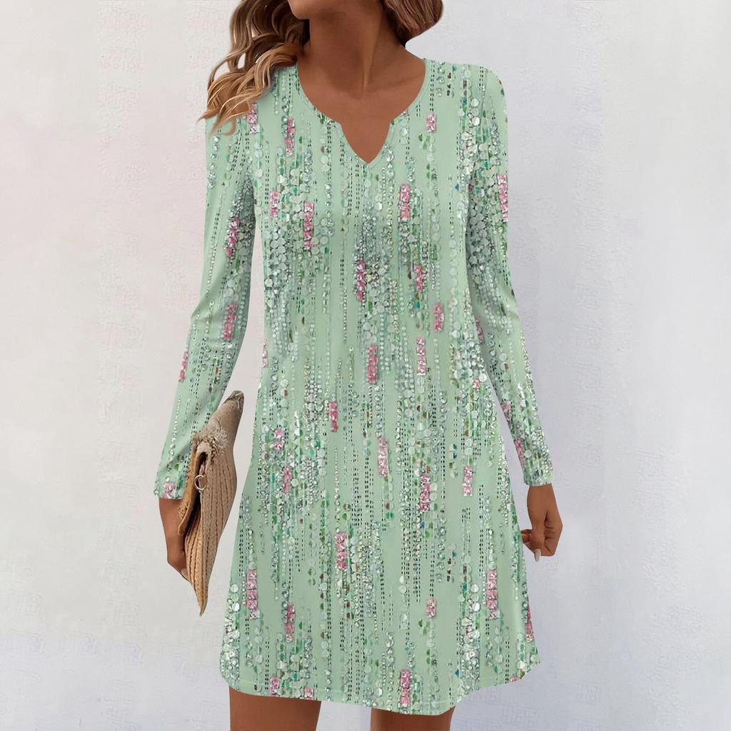 Women's Long-sleeved Casual Midi Dresses V-Neck Print Casual Dress