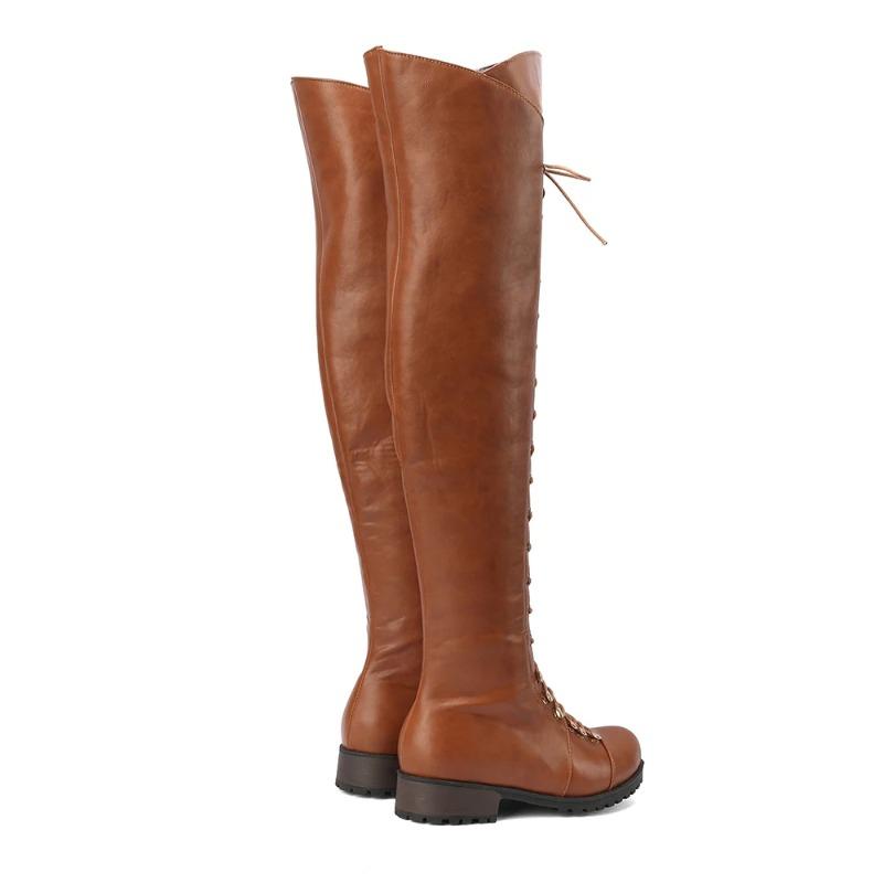 Мода Новые Ретро На шнуровке Женские Плоские Ботфорты для верховой езды Западные Ботфорты выше колена Модная женская обувь Круглый носок Длинные сапоги Зима 2025