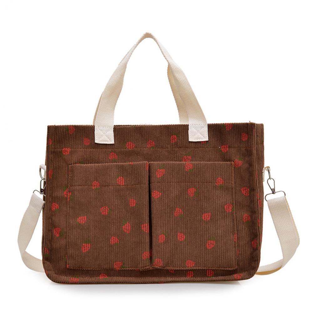 Printied Bow Tote Bag Cute Corduroy Handbag Sweet Travel Bag Travel