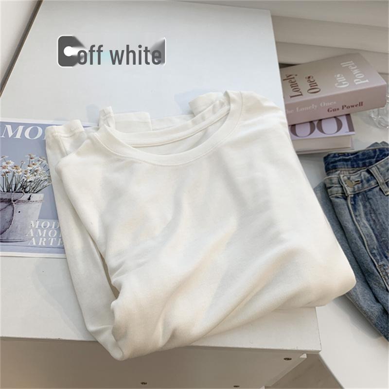 Women's Glutinous Rice Crew Neck Long Sleeve Soft T-Shirt - Spring Friendly, Solid Color, Drapey Base Layer.