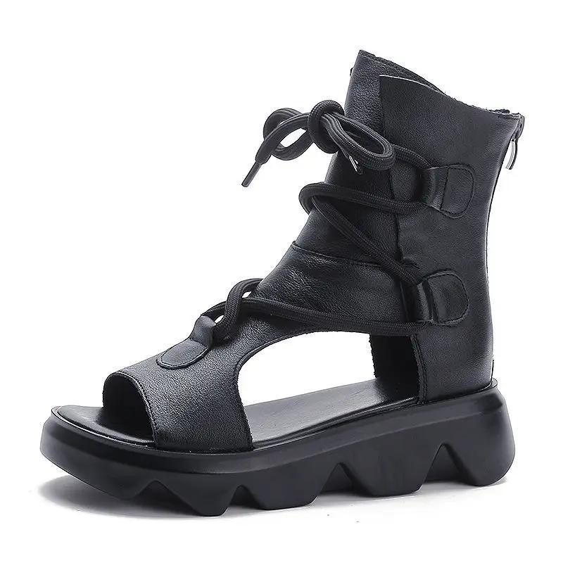 Модные летние прохладные сапоги женские из натуральной кожи на танкетке с каблуком-платформой ботильоны женские сандалии с открытым носком ретро