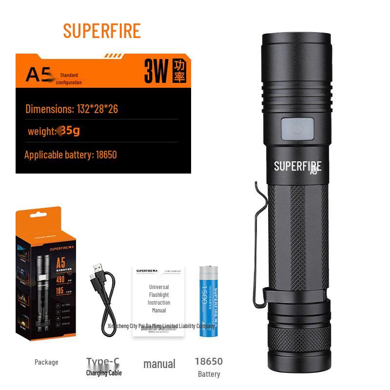 SupFire A5 USB Rechargeable LED Flashlight