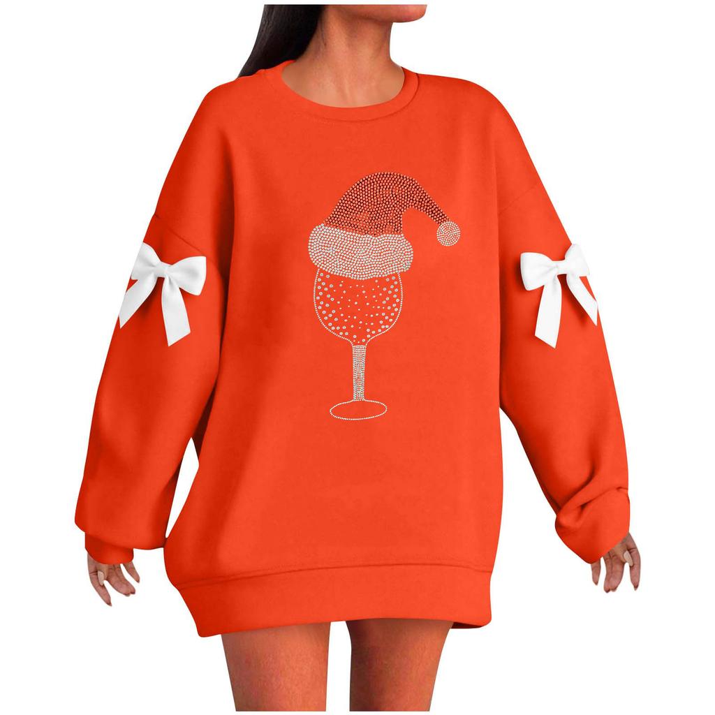Ladies' Christmas Printed Bow Round Neck Long Sleeved Loose Pullover Sweater Sweatshirt Top