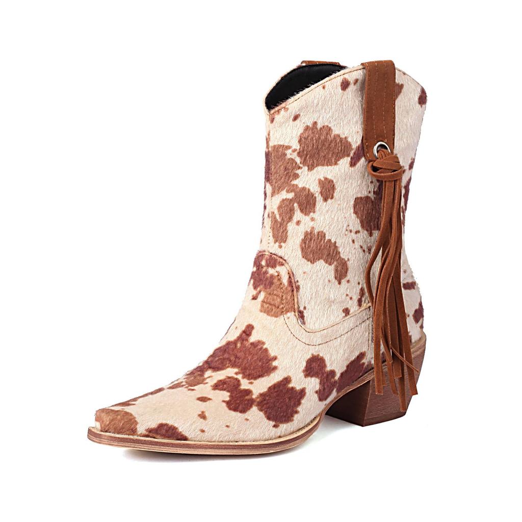 Krazing Pot Осенне-зимняя обувь из искусственного меха на толстом высоком каблуке, ковбойские сапоги с леопардовым узором, европейский стиль, сохраняющие тепло, ботильоны