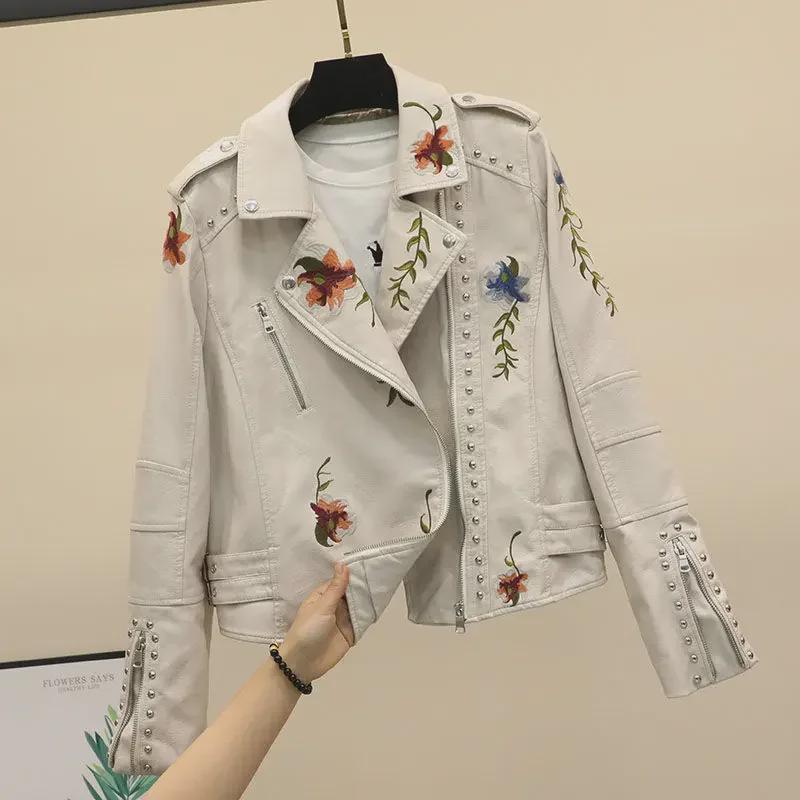 Women's Slim Fit Black Rivet Embroidered Leather Motorcycle Jacket