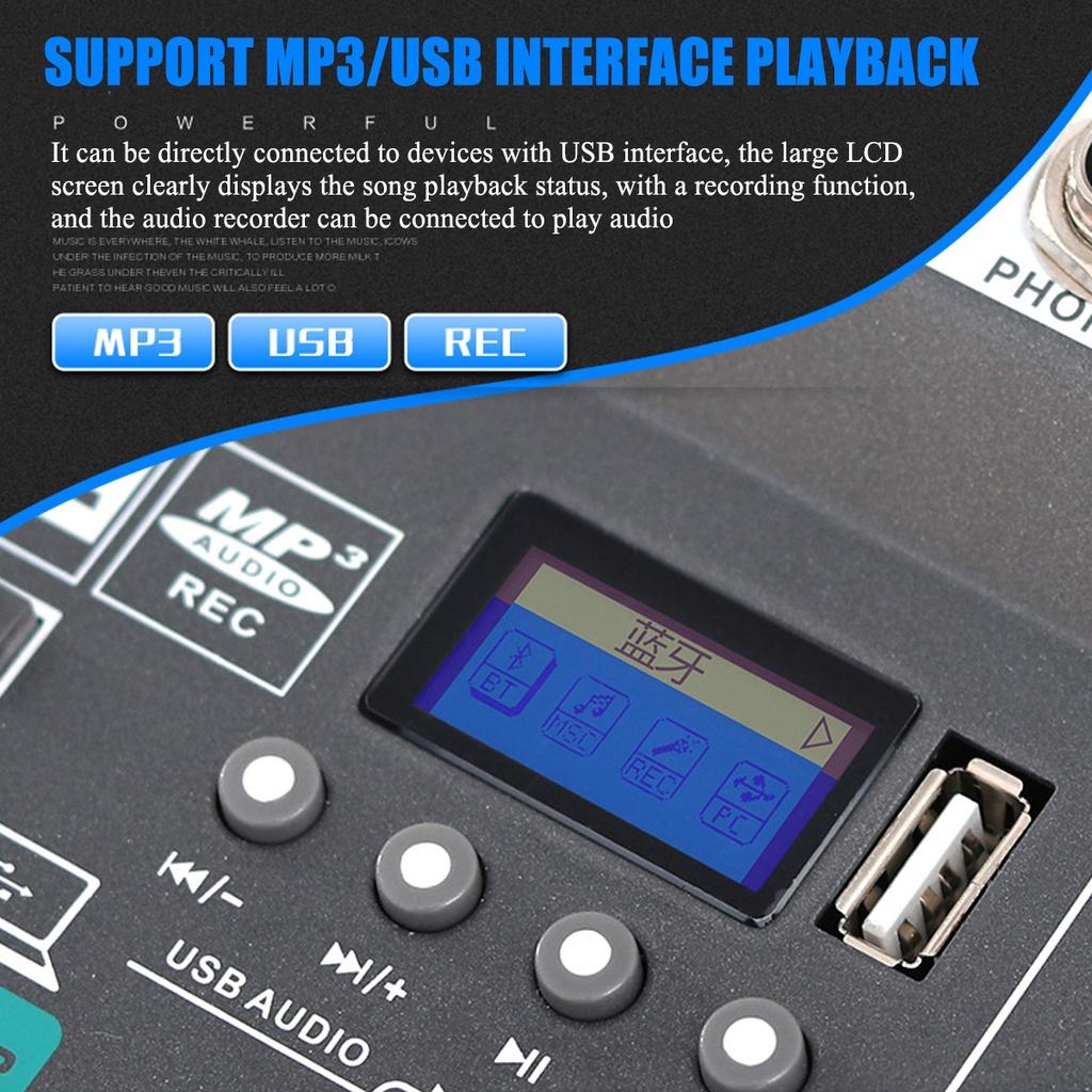 15W Professional Mixer Sound Mixing Console Computer Stage Recording USB Sound Card High Low Tone Bluetooth DJ Live Broadcast 6-channel