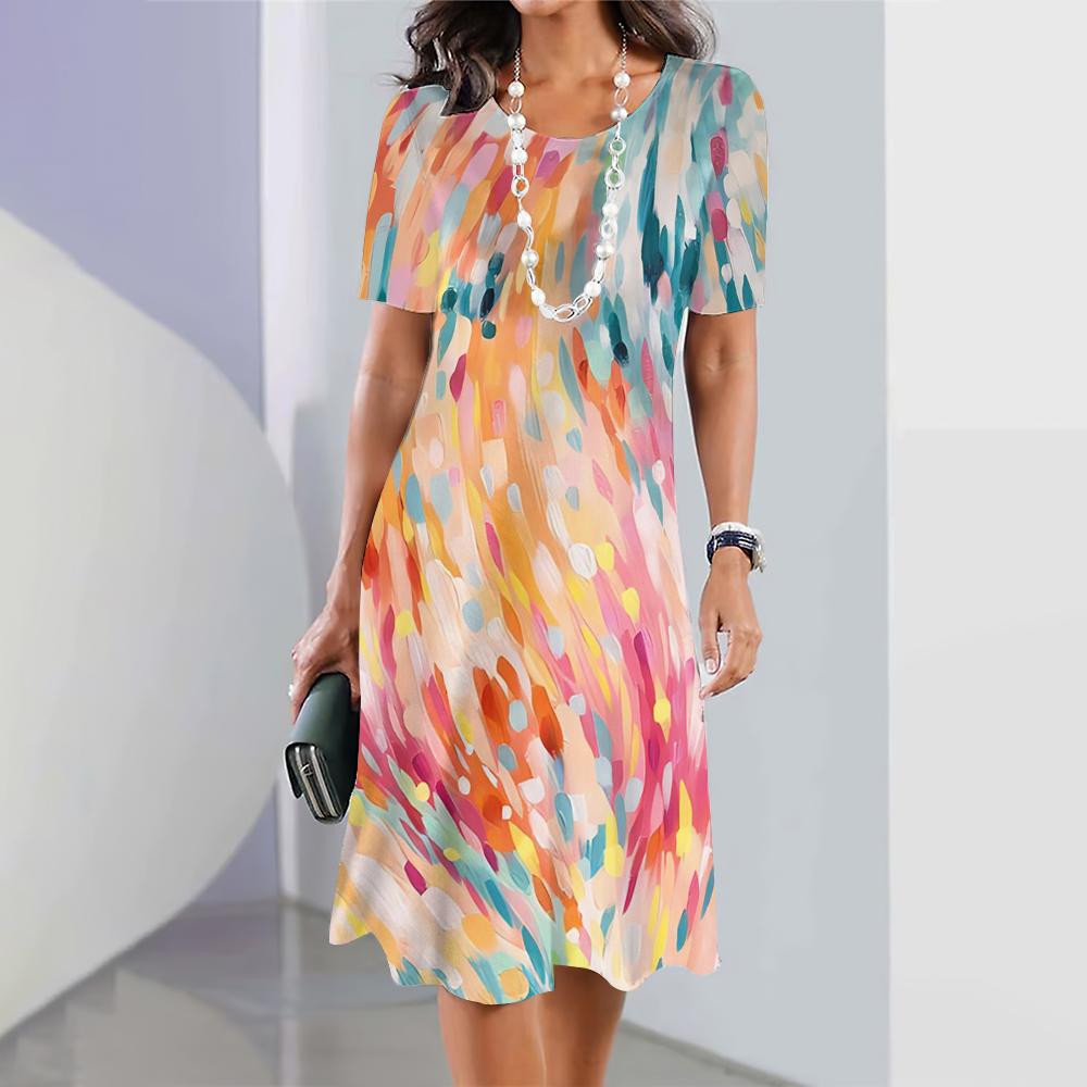 Летняя женская одежда Свободная юбка А-силуэта с короткими рукавами Стильное платье с 3D-нерегулярным принтом Женская одежда Платья с круглым воротником