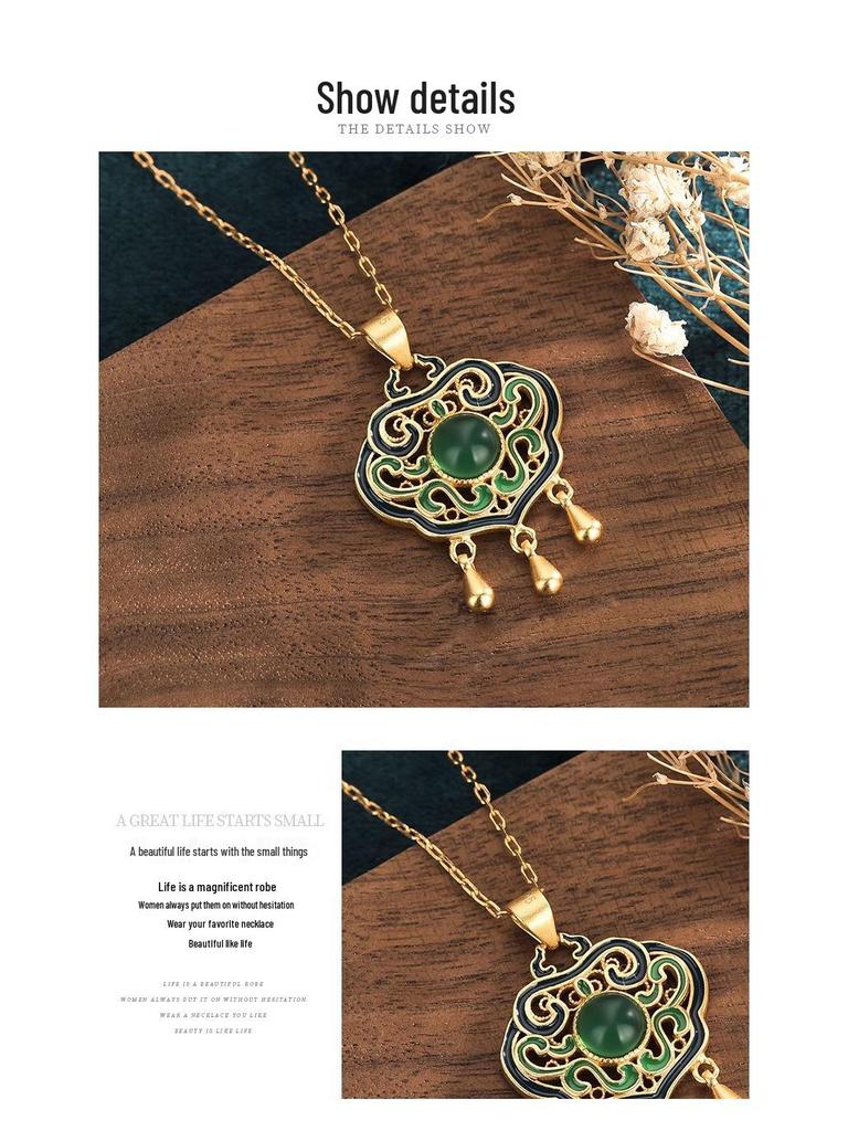 Vintage Court Style Enamel Filigree Necklace with Inlaid Green Chalcedony Ruyi Lock for Women