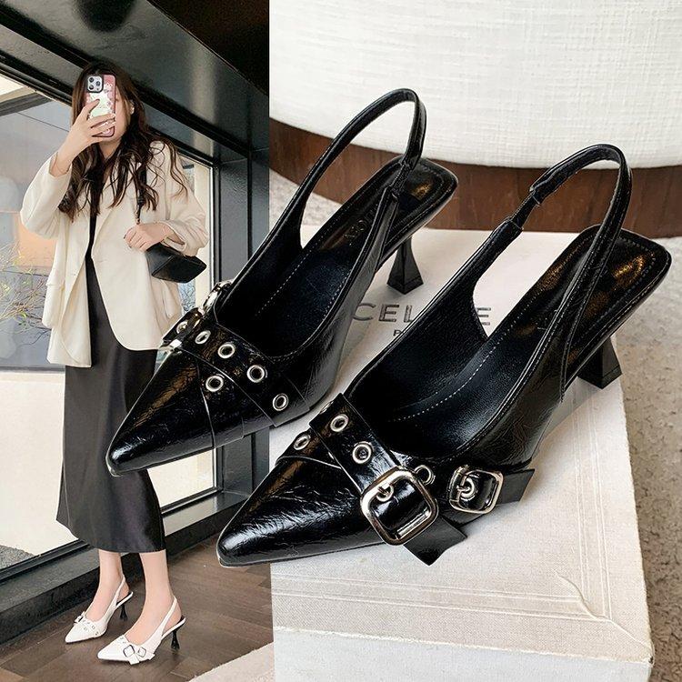 Popular pointed one-word buckle casual single shoes Internet celebrity versatile with skirt foreign style metal single shoes women's shoes