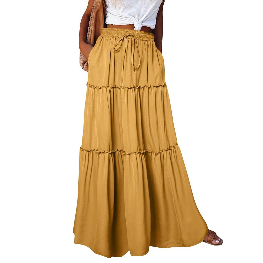 Women's Fashion Solid Color Elastic Waist Skirt Loose Casual High Waist Tie Long Skirt