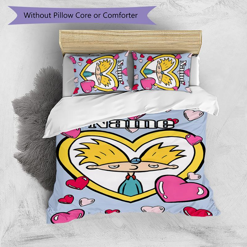 3pcs Custom Name Cartoon Hey Arnold Bedding Set Duvet Cover Closure Includes 1 Duvet Cover & 2 Pillowcases for All Seasons Bedroom Decor