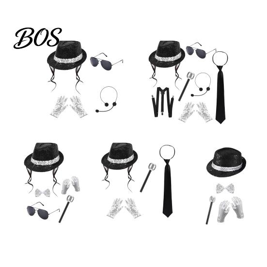 Complete Star Outfit Set Pop Rockstar Costume for Adults, Black Sequins Hat, Glasses, Gloves, Halloween Accessories Microphone, Role Play Cosplay