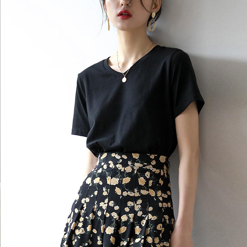 Футболка из тонкого чистого хлопка с V-образным вырезом и короткими рукавами для женщин, свободная и универсальная, утягивающая, в корейском стиле, летняя, новая нижняя часть рубашки сверху