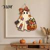 Outdoor Porch Decor Halloween Cute Bow Ghost Door Sign, Wooden Patchwork Hanging Plaque with Pumpkin Candy Basket, Party Background Retro Wall Pendant