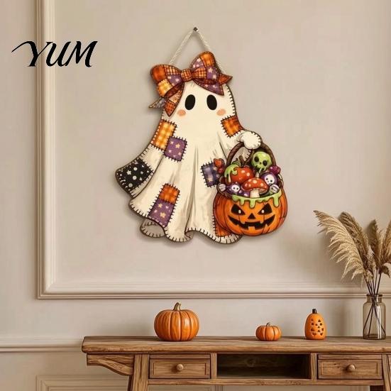 Outdoor Porch Decor Halloween Cute Bow Ghost Door Sign, Wooden Patchwork Hanging Plaque with Pumpkin Candy Basket, Party Background Retro Wall Pendant