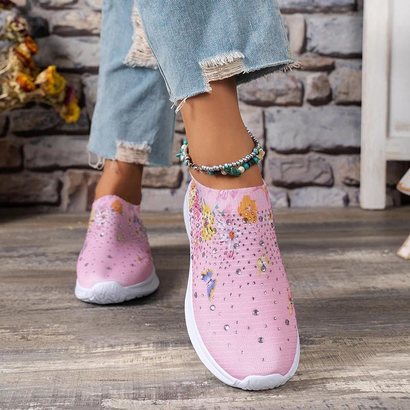 Женские дышащие кроссовки для бега с принтом, блестящие носки для ходьбы, женские кроссовки с мягкой подошвой, легкие кроссовки для женщин