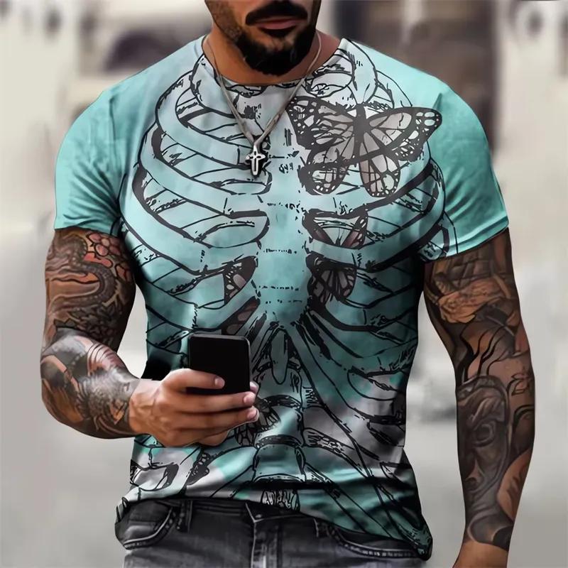 Horror Skeleton T Shirt Men 3D Bone Print Scary Graphic Tee Oversized Short Sleeve Streetwear Fashion Tops Casual Clothing