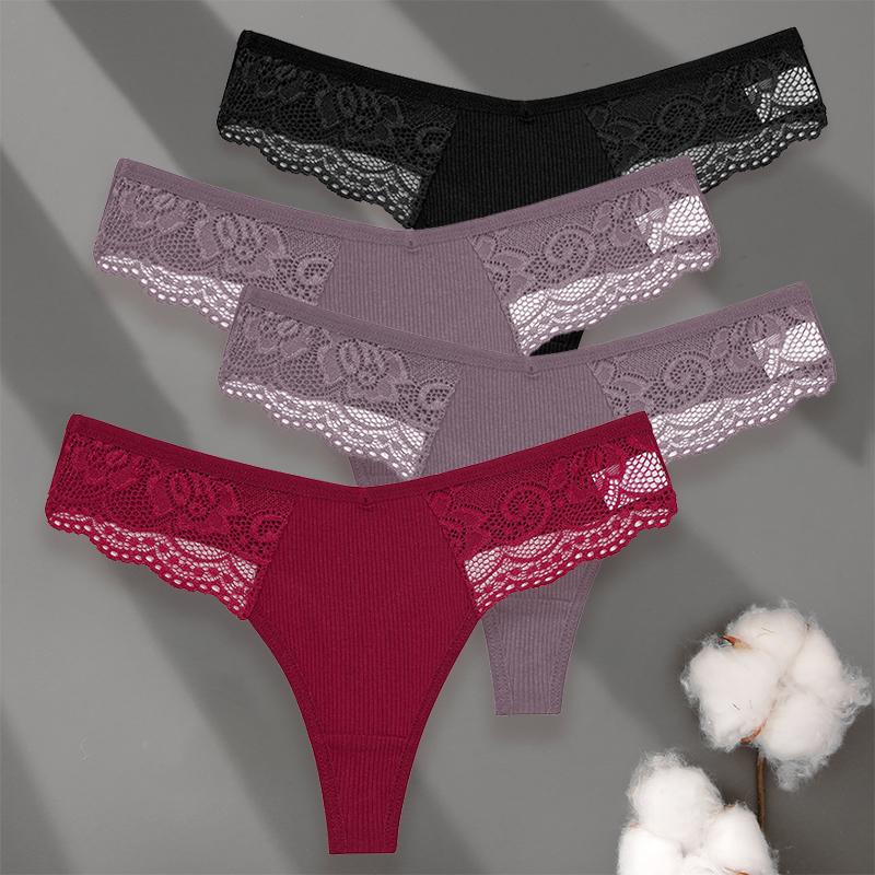 4PCS/Set Sexy V-Waist Women Cotton G-string S-XL Lace Lingerie Panties Thongs Femme Underwear Girls Underpant Intimates