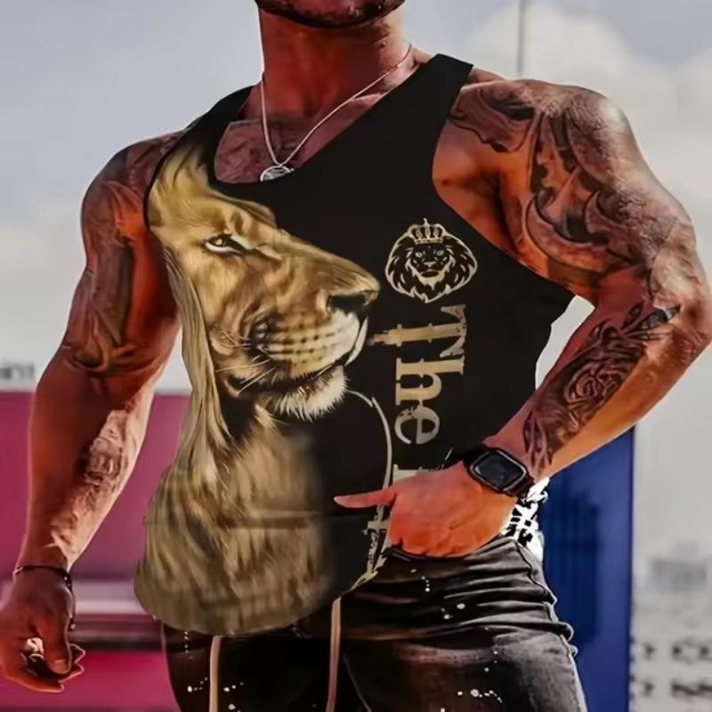 Lion Pattern Fashion Men's Vest Summer Casual Breathable Refreshing Gym Exercise T-Shirt Vest New Men's Running Sports