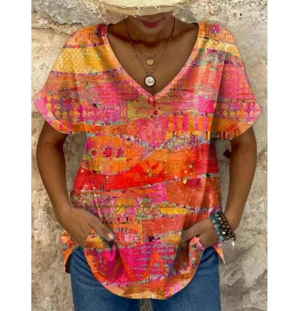 Футболка большого размера для женщин с винтажной цветочной графикой, модные топы с короткими рукавами и V-образным вырезом, летние повседневные футболки для женщин