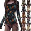 Women's Fashion Casual Mori Slim Long Sleeve Halloween Printed Round-Neck Regular Top
