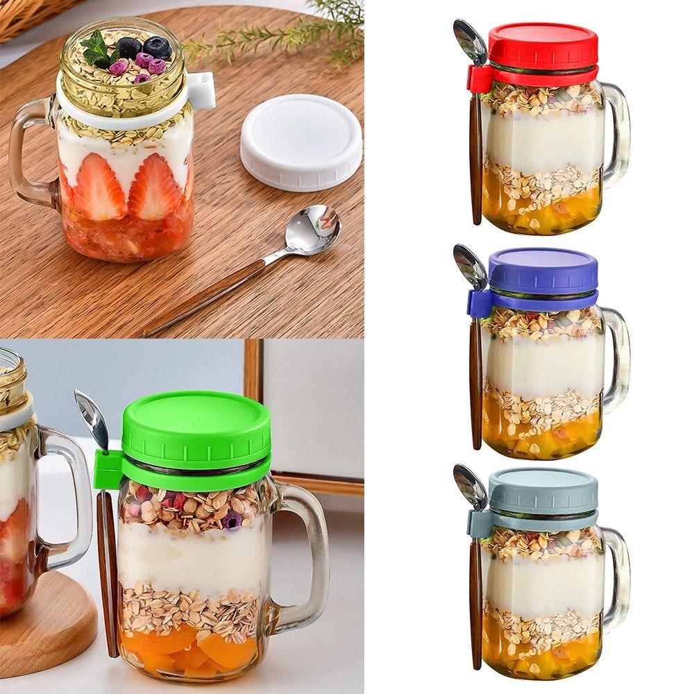 with Lids Spoons & Handle Yogurt Pot Glass Breakfast Jar Oats Container Overnight Oats Jars