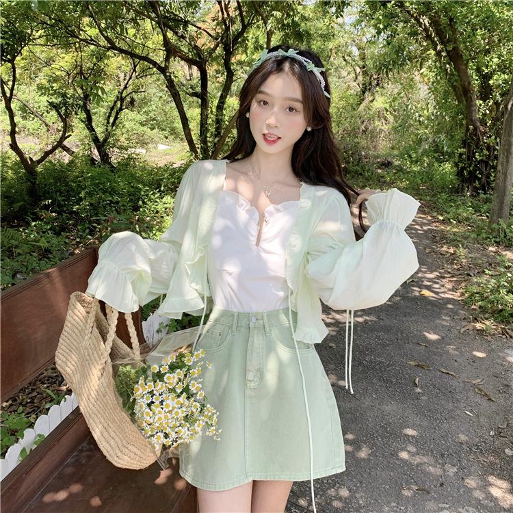 Женский корейский шикарный солнцезащитный кардиган - легкий, милый, короткий топ в летнем стиле