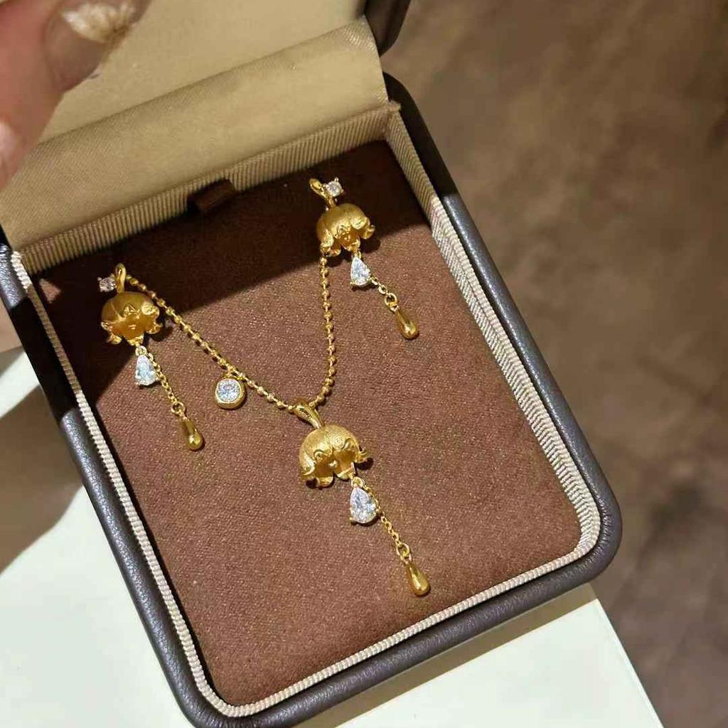 New Chinese-style Gold Brushed Lily of The Valley Water Drop Pendant Necklace Premium Earrings Retro Flower Fringed Earrings Women