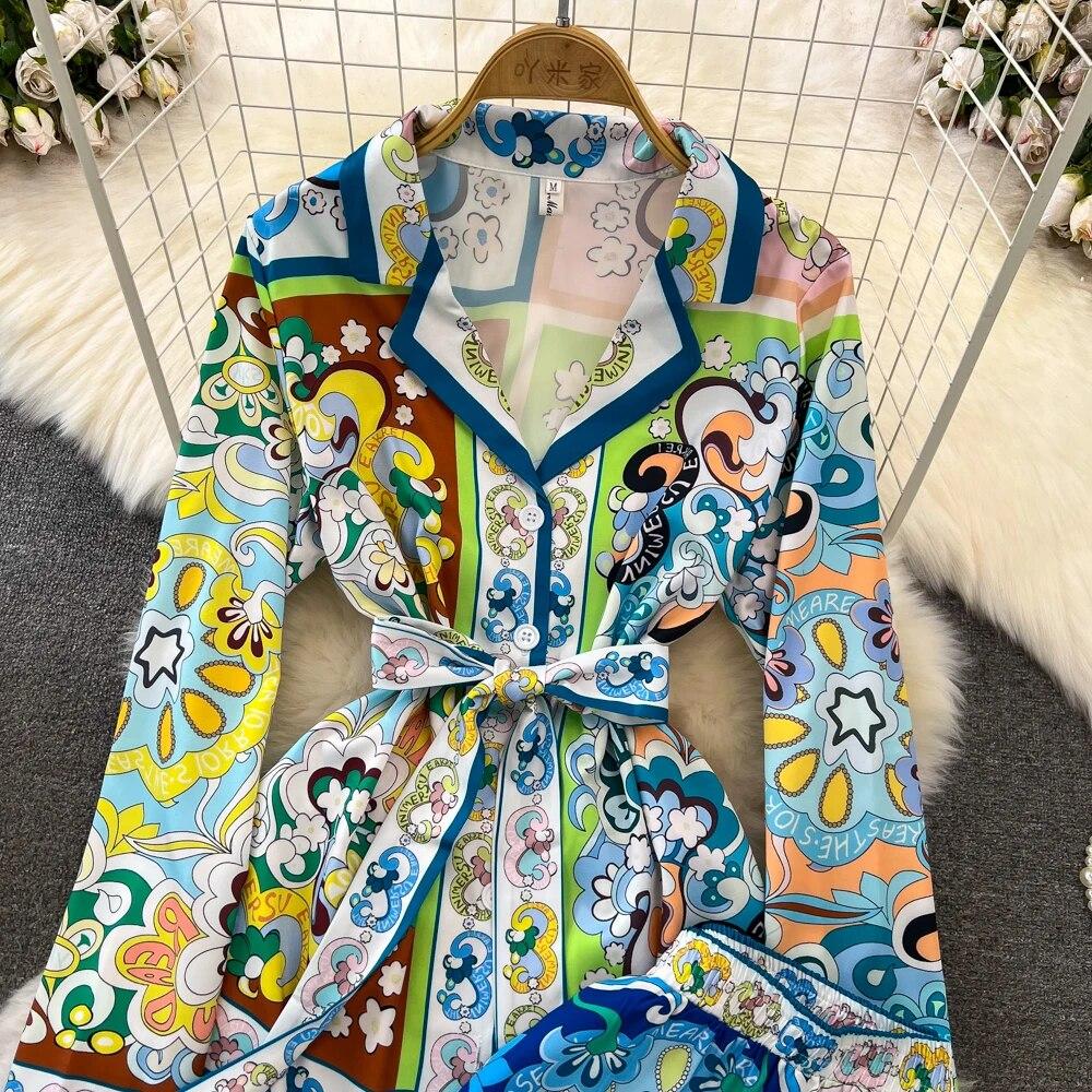 Runway Designer Vintage Pant Two Piece Set for Women Cyanotype Printed Blazer Shirt Trousers Suit