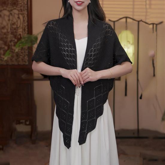 Women Knitting Shawl Solid Color Fringe Design Lightweight Versatile Hollow Shawl Open Knitted Pattern Shawl