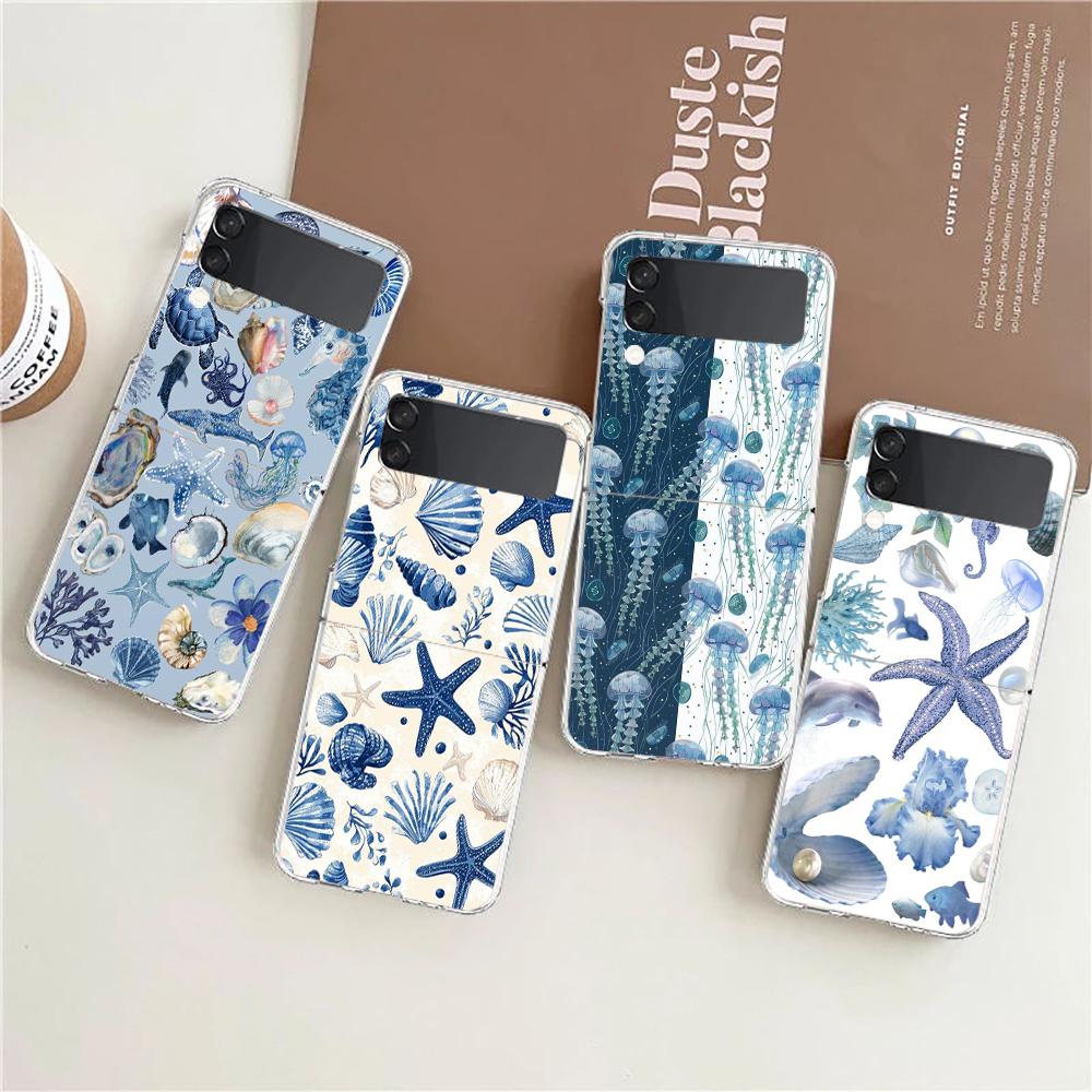 Phone Case For Samsung Galaxy Z Flip 3 4 5 Hard Folding Clear PC Bumper For Samsung Z Flip 6 Back Cover Blue Ocean Animals