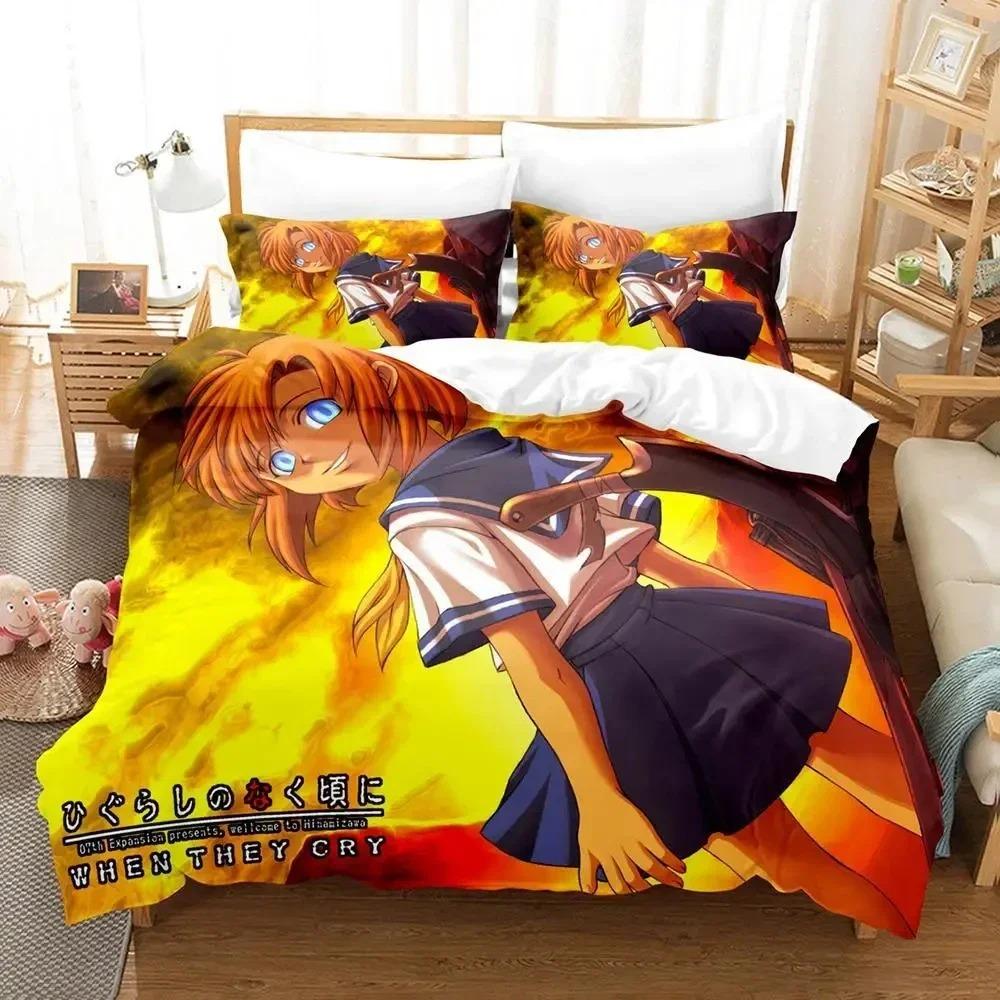 3D аниме Higurashi When They Cry Постельное белье Пододеяльник Постельный комплект Одеяло Наволочка Одеяло King Queen Size Мальчики Взрослые