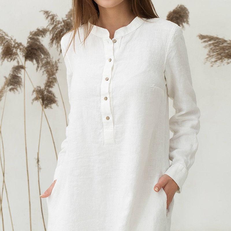 Luxurious Women's Kaftan Cotton Long Sleeve Plain Casual Oversized Maxi Shirt Dress