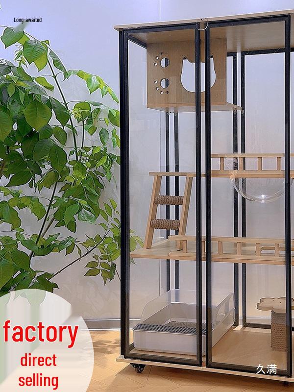 Luxury Solid Wood Cat Villa: Panoramic Glass Cat House with Bed and Indoor Cat Cabinet