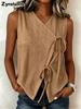 Женский топ с бантом и рюшами, летний, с V-образным вырезом, без рукавов, модный, с открытой спиной, майка