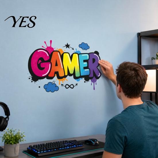 Gradient Color Wall Stickers GAMER Stickers, Traceless Self-Adhesive Decals, Waterproof PVC Art, Durable Self-adhesive Colorful Graffiti Decals