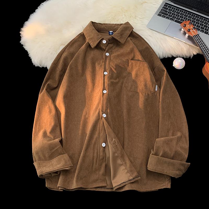 Мужская свободная рубашка с длинным рукавом на пуговицах из вельвета, повседневная, с карманом