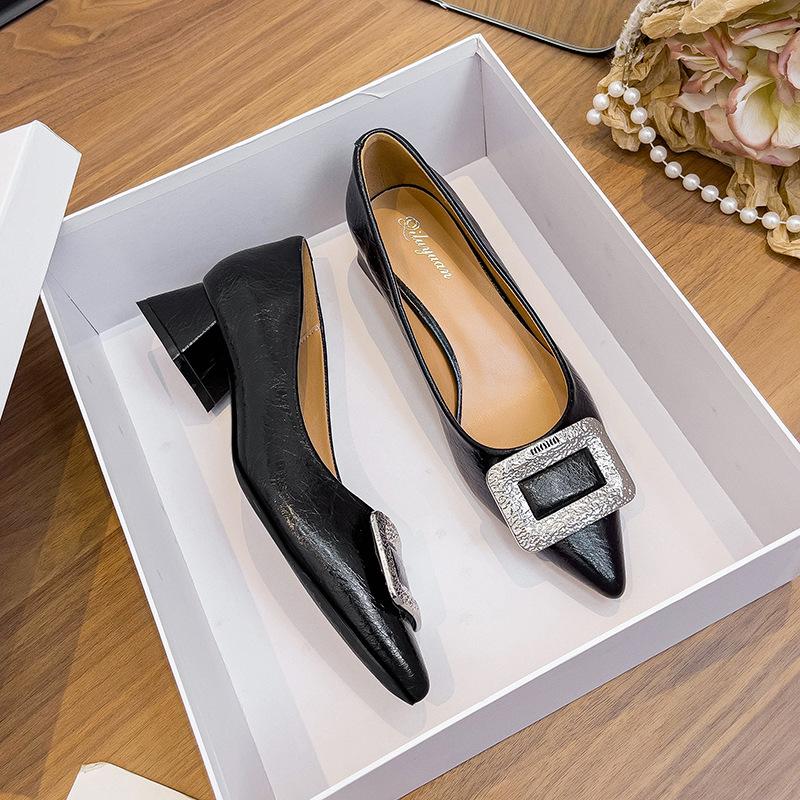 French Shallow Single Shoes Women's Middle Heel 2025 Spring New Rhinestone Square Buckle Pointed High Heels Thick Heel Large Size Women's Shoes