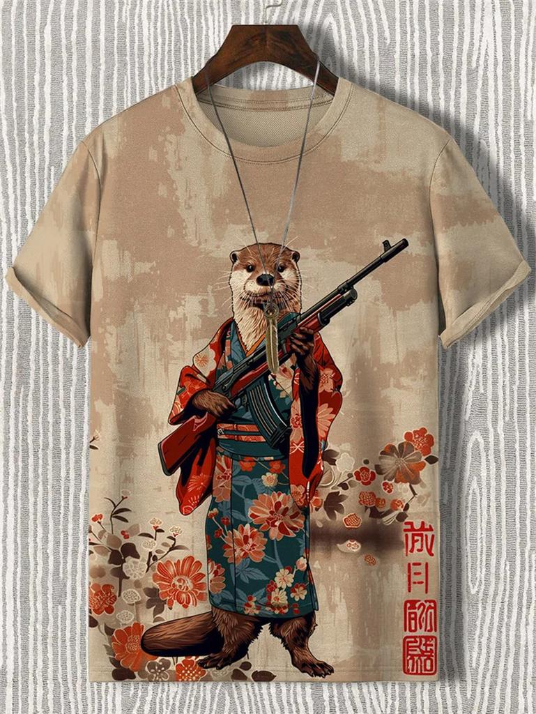 Japanese Cat Pattern T-Shirt For Men Warrior Animal 3D Print Tee Shirts Summer Casual O-Neck Short Sleeve Tees Street Loose Tops