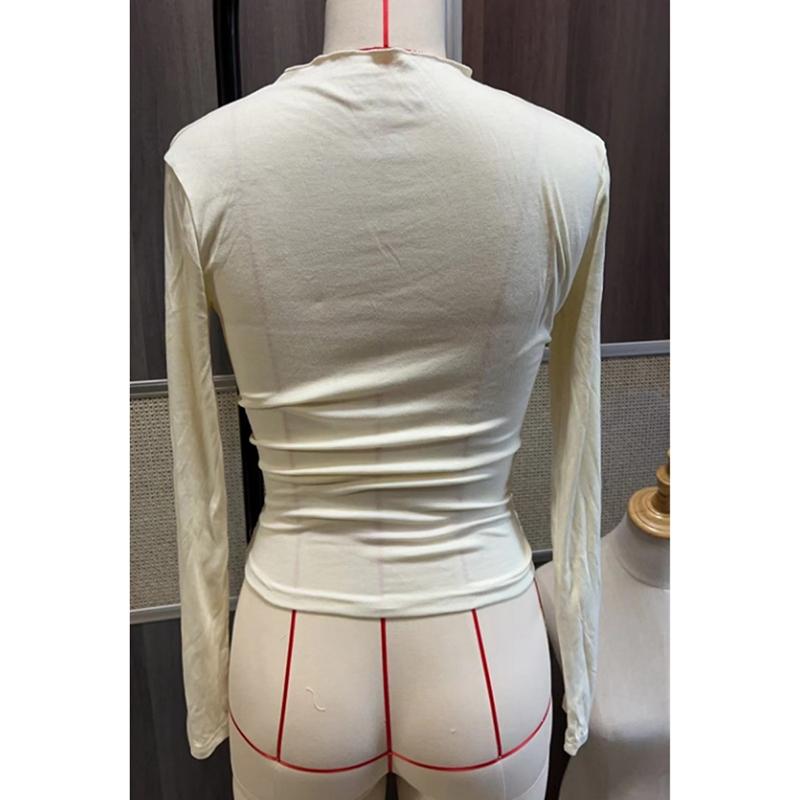 Модная тонкая однотонная облегающая повседневная футболка для женщин, весенние плиссированные футболки с длинным рукавом, женские топы, элегантная однотонная простая офисная женская футболка 26145