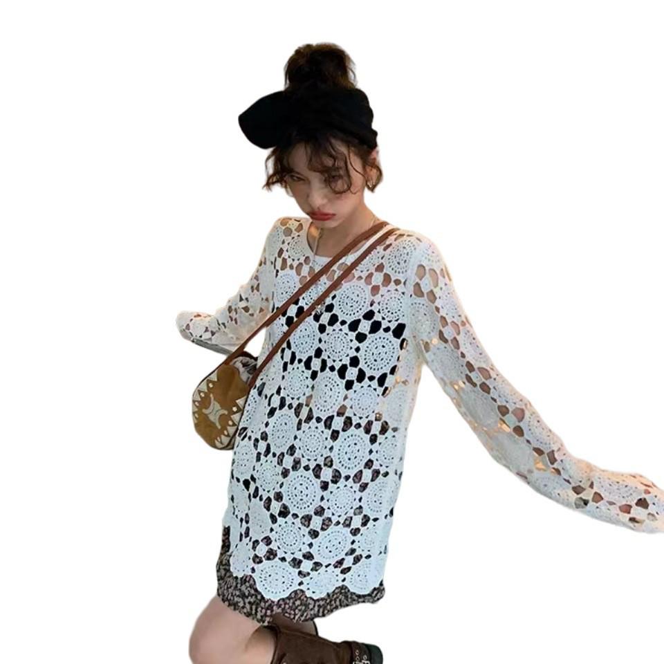 Chic Knitted Hollow-Out Sweater | Plus Size French Style | Loose Long Sleeve | Early Autumn Women's Outerwear