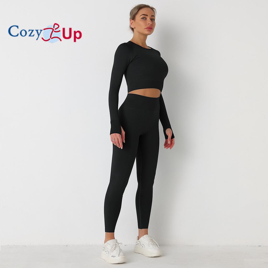 Cozy Up Тренировочные комплекты для женщин из 2 предметов для занятий йогой, бесшовные ребристые леггинсы с топами с длинными рукавами