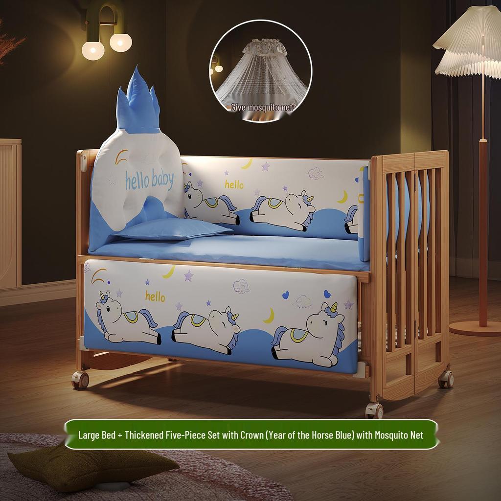 Movable Solid Wood Foldable Baby Crib, Unpainted, Multifunctional Newborn Bed